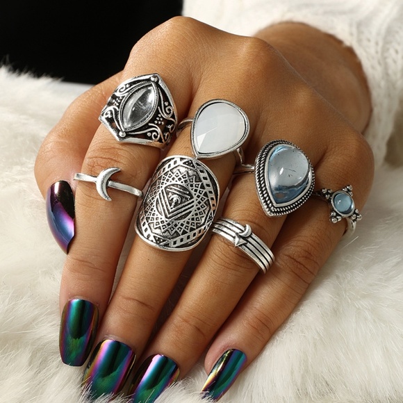 **LUCINDA* 7-Pc Silver x Blue Fashion Ring Set - Picture 1 of 10